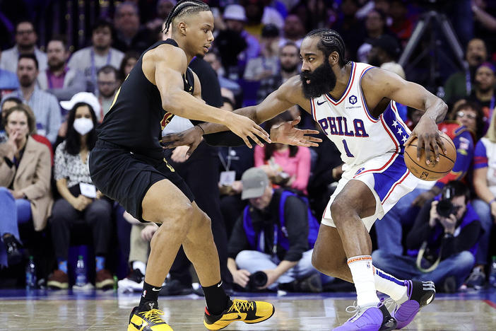 Isaac Okoro of the Cleveland Cavaliers guards James Harden of the Philadelphia 76ers at an NBA game this week. Soon, you too will be able jump into a pro game — at least, virtually.