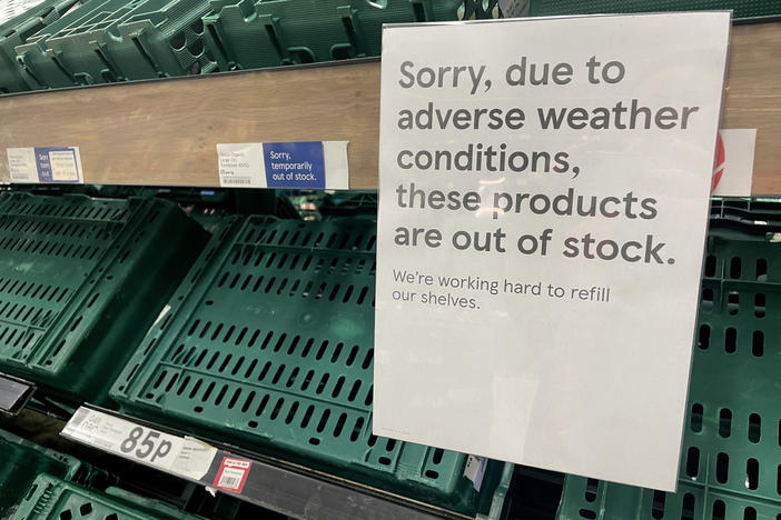 Empty shelves are seen in the fruit and vegetable aisles of a Tesco supermarket in the U.K. this week.