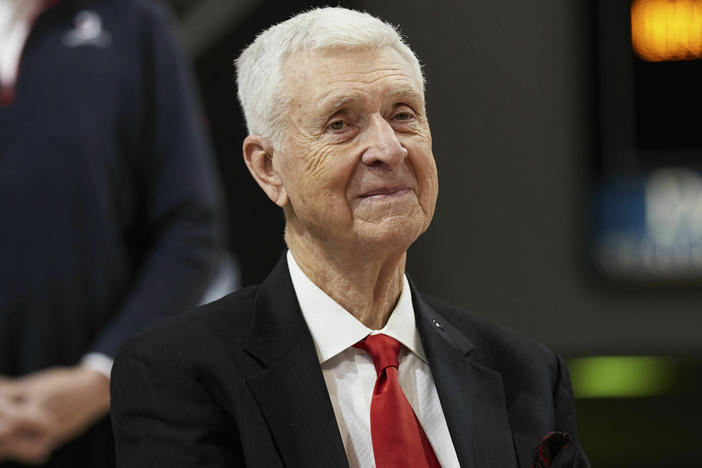 Former Davidson basketball player, coach and athletic director and former Virginia coach Terry Holland is pictured during a ceremony to retire his jersey in January 2022 in Davidson, N.C.