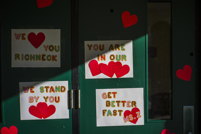 Messages of support for teacher Abby Zwerner, who was shot by a 6-year-old student, grace the front door of Richneck Elementary School Newport News, Va. on Jan. 9.