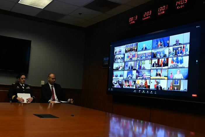 Officials at the Pentagon attend a virtual meeting of more than 50 nations on the war in Ukraine, on March 15.