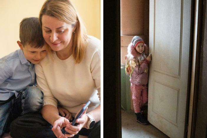 Left: Daniel Bizyayev and his family now live in a suburban neighborhood about an hour north of New York City. Center: Bohdan Semenukha and his mom, Viktoria, look at photos from before the Russian invasion. Right: Sofiia Kuzmina and her family live on the 10th floor in Kharkiv. When the power is out, they have to climb the stairs.