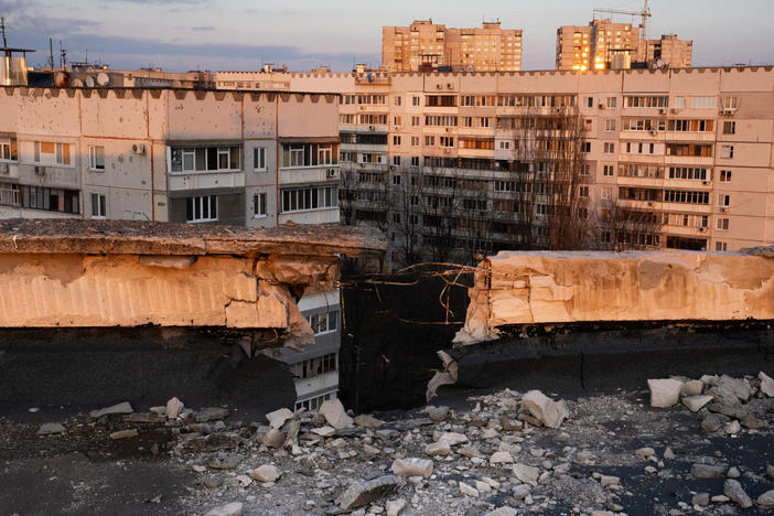A high-rise building in Kharkiv's Saltivka district, once home to at least 400,000 people, is damaged from shelling during Russia's invasion of Ukraine.