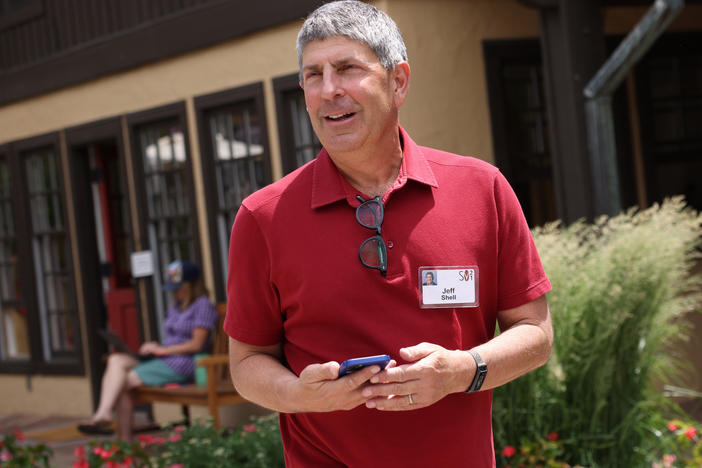 NBCUniversal CEO Jeff Shell speaks to the media at the Allen & Company Sun Valley Conference in July 2021 in Sun Valley, Idaho. Shell is out of his job after an "inappropriate relationship."