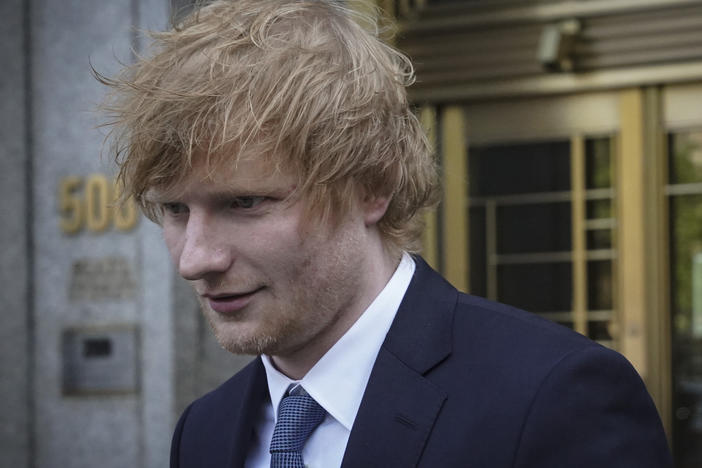 Singer Ed Sheeran leaves federal court after testifying against allegations that his hit song "Thinking Out Loud," ripped off Marvin Gaye's soul classic "Let's Get It On," Wednesday, April 26, 2023, in New York.