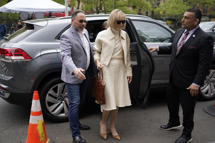 E. Jean Carroll arrives at federal court in New York, on Thursday. The writer told a jury that Donald Trump raped her at a department store in 1990s.