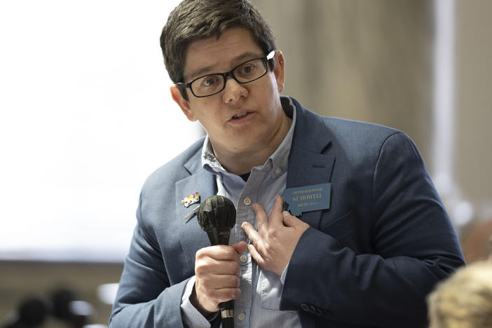 Montana state Rep. SJ Howell speaks on the House floor during a motion to discipline Rep. Zooey Zephyr at the Montana Capitol in Helena on Wed., April 26, 2023. Howell is a Democrat who identifies as transgender nonbinary.