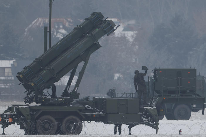 Patriot missile launchers acquired from the U.S. are seen deployed in Warsaw, Poland, in February.