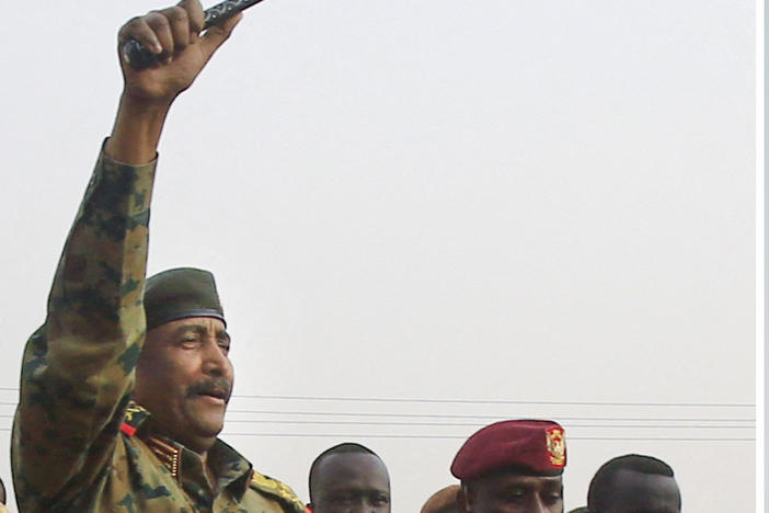 Gen. Abdel Fattah Burhan (left), the head of Sudan's ruling military council, greets supporters near the capital Khartoum in 2019. Sudanese paramilitary commander Gen. Mohammed Dagalo, widely known as Hemedti, is shown on the right, in the capital earlier this month. The generals have been fighting for control of Sudan for nearly a month, leaving more than 500 dead.
