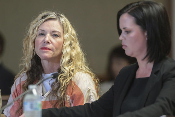 Lori Vallow Daybell (left) glances at the camera during a hearing in Rexburg, Idaho., on March 6, 2020. She has been found guilty of murdering her two youngest children.