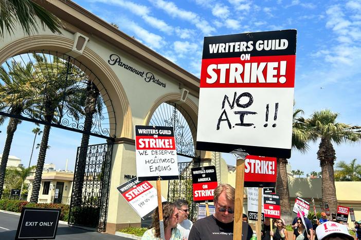 Hollywood writers picket outside of Paramount Pictures this week.