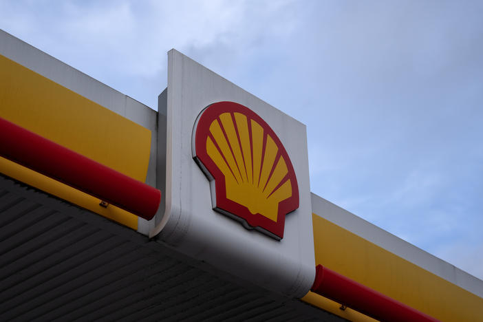 The Shell logo is displayed at a gas station on February 2, 2023 in London, England, where the oil company is based.