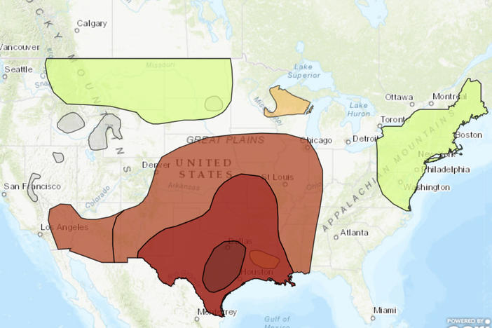 Red and dark-red blotches cover a map of the United States, as the Climate Protection Center warns of the risk of excessive heat. While the biggest threat is in Texas, areas far north as Iowa and Illinois are also seen in a shade of red.