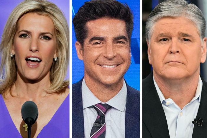 From left, Laura Ingraham, Jesse Watters, Sean Hannity and Greg Gutfeld make up Fox News' prime time lineup.