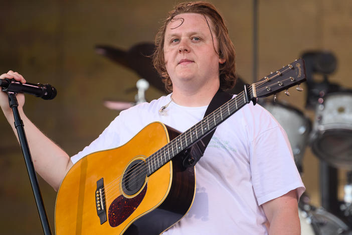 Lewis Capaldi performs on the Pyramid Stage on Day 4 of Glastonbury Festival.