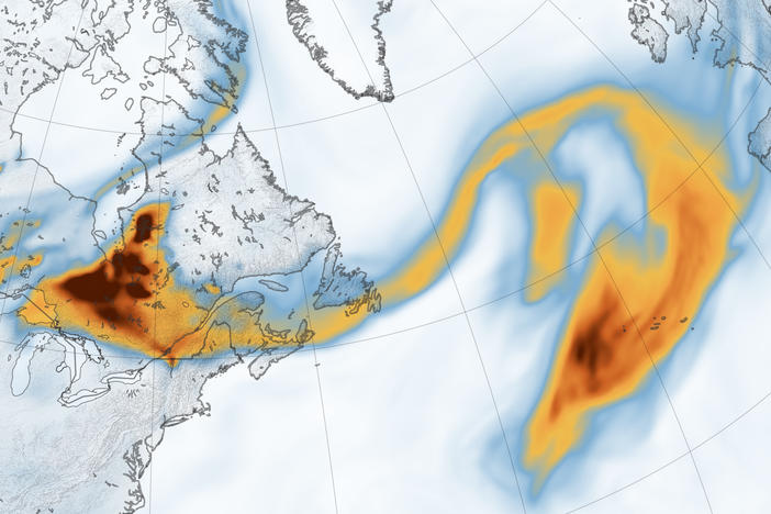 A plume of smoke stretches from North America across more than 2,000 miles of the Atlantic Ocean in the latest international impact from Canada's large and persistent wildfires.