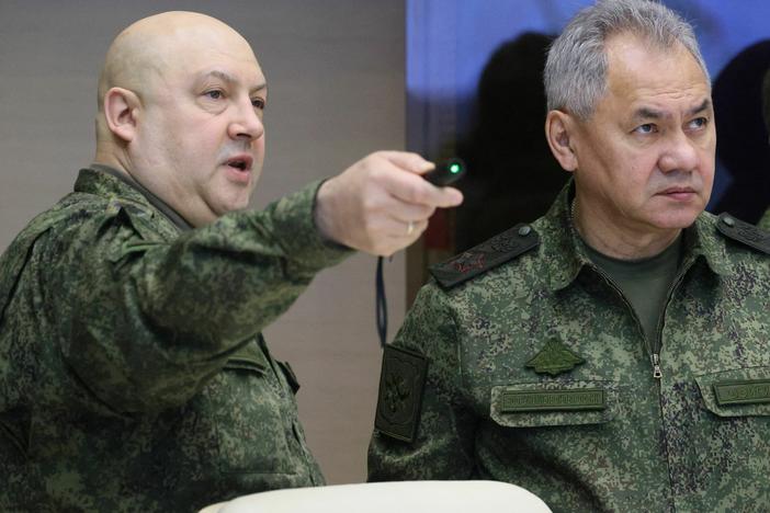 Gen. Sergei Surovikin (left), the former commander of Russia's military operation in Ukraine, has been detained. He's seen here last December alongside Russian Defense Minister Sergei Shoigu.