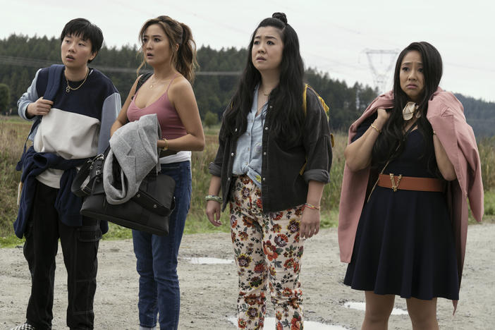 Deadeye (Sabrina Wu), left, Audrey (Ashley Park), Lolo (Sherry Cola) and Kat (Stephanie Hsu) in <em>Joy Ride.</em>