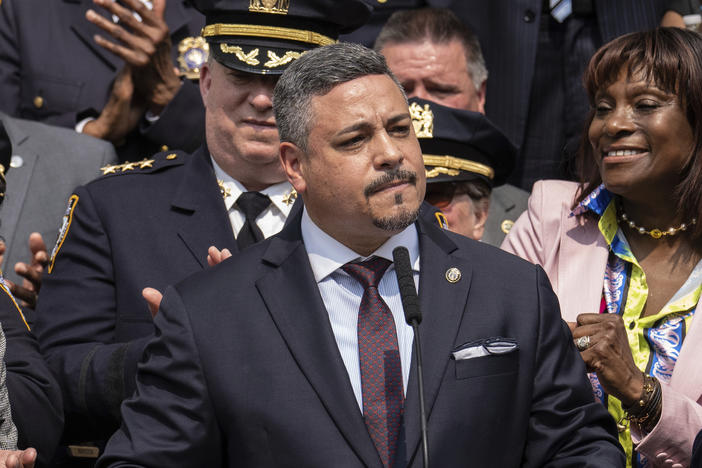 Edward A. Caban speaks after being sworn in as NYPD police commissioner outside New York City Police Department 40th Precinct on Monday, July 17, 2023, in New York.