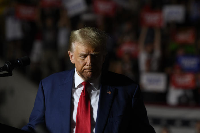 Former U.S. President Donald Trump speaks to supporters during a political rally while campaigning for the GOP nomination in the 2024 election at Erie Insurance Arena on July 29.