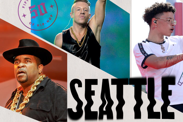 Sir Mix-a-Lot, Macklemore, Lil Mosey & Ishmael Butler. Collage by Jackie Lay / NPR.