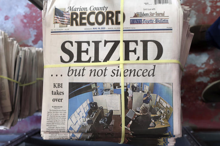 A stack of the latest edition of the weekly Marion County Record sits in the back of the newspaper's building in Marion, Kansas, on Wednesday. The newspaper's front page was dedicated to two stories about a raid by local police on its offices and the publisher's home on Aug. 11.
