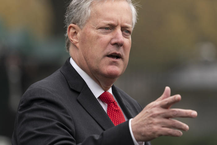 Then-White House chief of staff Mark Meadows speaks with reporters on Oct. 21, 2020.