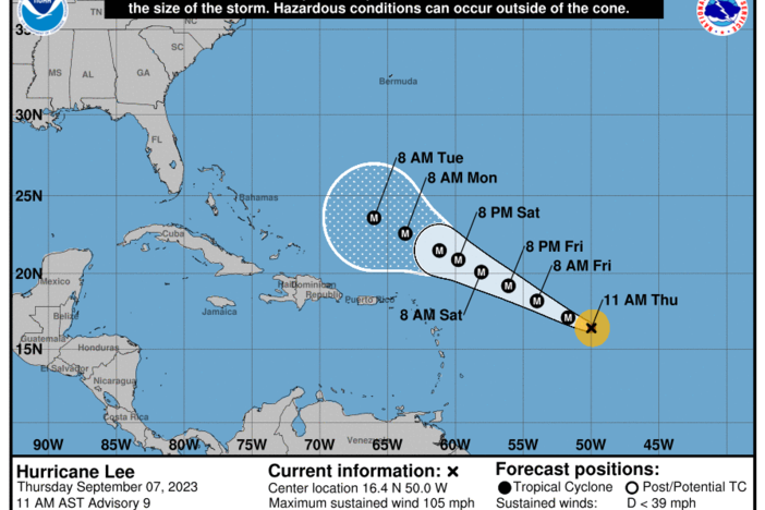 The core of Hurricane Lee is forecast to pass north of the Leeward Islands, the Virgin Islands and Puerto Rico over the next several days.