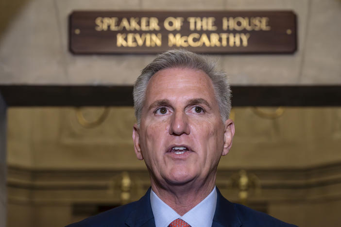 Speaker of the House Kevin McCarthy, R-Calif., speaks at the Capitol on Tuesday.