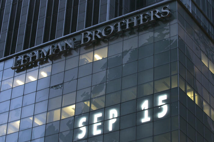 Lehman Brothers world headquarters is shown in New York on Sept. 15, 2008, the day the 158-year-old investment bank, choked by the credit crisis and falling real estate values, filed for bankruptcy.