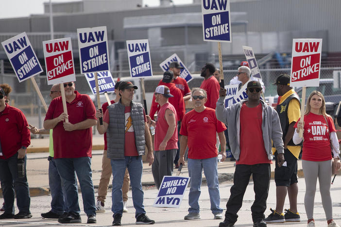 United Auto Workers members strike at the Ford Michigan Assembly Plant on September 16, 2023 in Wayne, Michigan. This is the first time in history that the UAW is striking all three of the Big Three auto makers, Ford, General Motors, and Stellantis, at the same time.