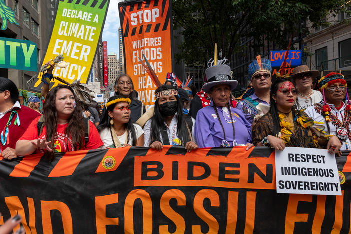 Thousands of activists, indigenous groups, students and others take to the streets of New York for the March to End Fossil Fuels protest on Sunday, Sept. 17, in New York.