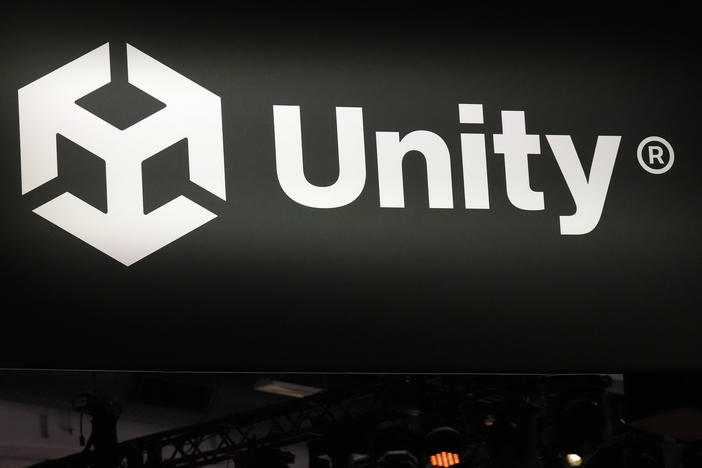 A Unity sign is displayed at the company's booth at the Game Developers Conference 2023 in San Francisco.
