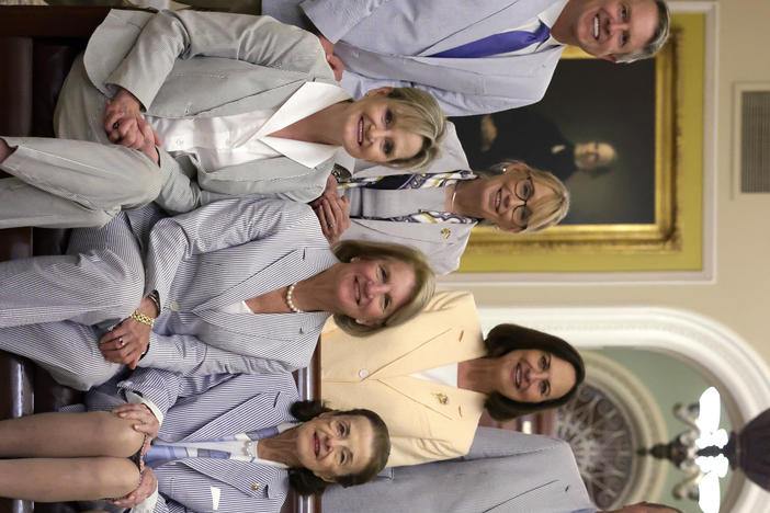 U.S. senators participate in a photo session at the U.S. Capitol on Seersucker Thursday, June 8, 2023 in Washington, DC. Senators wear seersucker clothing on Seersucker Thursday, an annual tradition that was initiated by former Senate Majority Leader Sen. Trent Lott (R-MS) in 1996, to mark the National Seersucker Day. (Photo by Alex Wong/Getty Images)