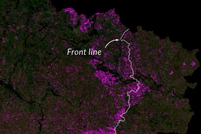 NASA Harvest analysis of unharvested crops (in purple), along the front line of the war in Ukraine.