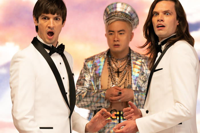 Craig (Josh Sharp), God (Bowen Yang) and Trevor (Aaron Jackson) are gooped, gagged and gobsmacked in <em>Dicks: The Musical.</em>