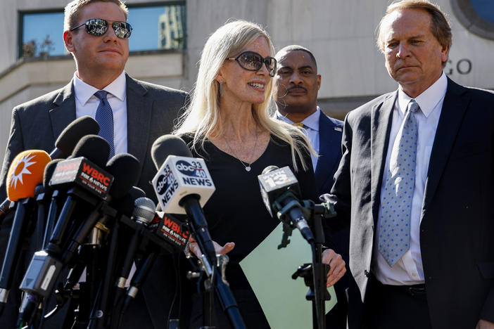 Beth Holloway speaks to media after the appearance of Joran van der Sloot outside a federal courthouse in Birmingham, Ala. on Oct. 18, 2023. Van der Sloot, the chief suspect in Natalee Holloway's 2005 disappearance in Aruba admitted he killed her and disposed of her remains, and pleaded guilty that he tried to extort money from the teen's mother.