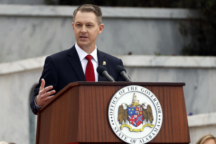 Alabama Secretary of State Wes Allen speaks during his inauguration on Jan. 16, 2023, in Montgomery, Ala. After pulling Alabama out of the Electronic Registration Information Center, Allen has now announced a new voter database.