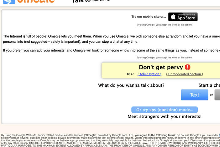 An archive image shows how the Omegle website appeared in early 2014. That year, a young woman says, Omegle paired her with an older man who exploited her starting from when she was 11 and lasting several years.