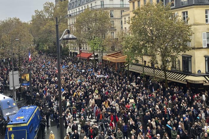 A massive crowd gathered for a march against antisemitism in Paris on Sunday. French authorities have registered more than 1,000 acts against Jews around the country in a month since the conflict in the Middle East began.