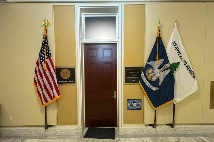 "An Appeal to Heaven" flag, a symbol embraced in recent years by Christian Nationalists, hangs outside Speaker Mike Johnson's congressional office.