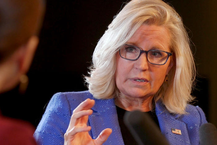 Former Republican Representative Liz Cheney talks about her new book, "Oath and Honor: A Memoir and a Warning," with NPR's Leila Fadel Friday during her interview for Morning Edition.