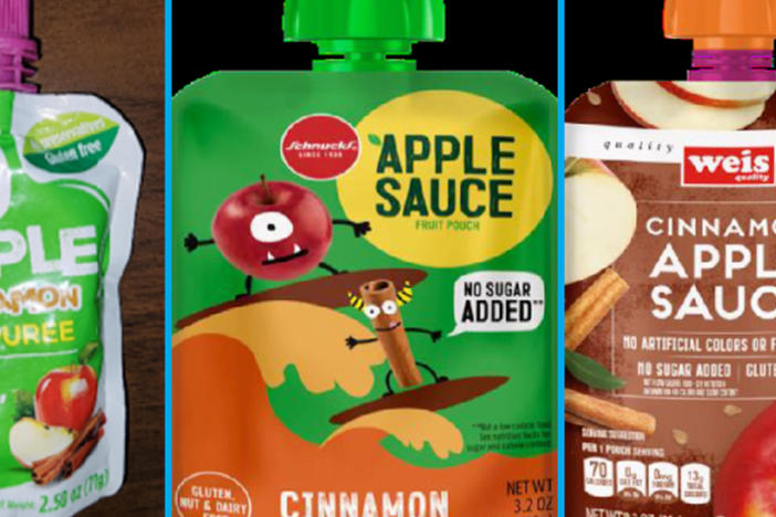 This image provided by the U.S. Food and Drug Administration shows three recalled applesauce products:  WanaBana apple cinnamon fruit puree pouches, Schnucks-brand cinnamon-flavored applesauce pouches and variety pack, and Weis-brand cinnamon applesauce pouches.