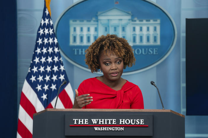 White House Press Secretary Karine Jean-Pierre, pictured at a press briefing in November, spoke to NPR's <em>Morning Edition</em> about Biden's priorities and challenges in the year ahead.