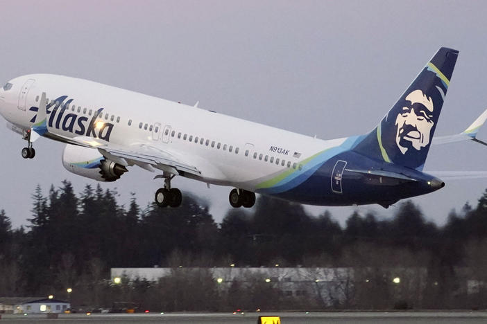 The first Alaska Airlines passenger flight on a Boeing 737-9 Max airplane takes off on a flight to San Diego from Seattle-Tacoma International Airport in Seattle on March 1, 2021.