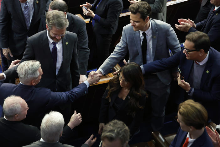 Rep. Tim Burchett, R-Tenn., (second from left) congratulates then-Rep. Kevin McCarthy, R-Calif., after he was elected speaker of the House in January 2023.