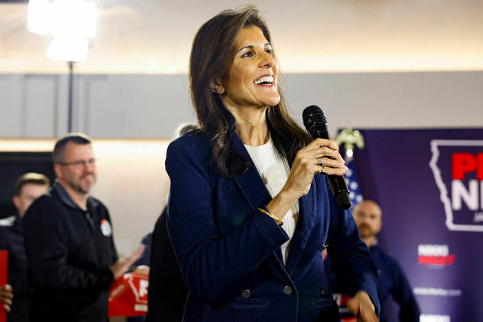Republican presidential candidate Nikki Haley arrives at a campaign event at the Olympic Theater in Cedar Rapids, Iowa, on Thursday. The state's caucuses will be held on Monday.