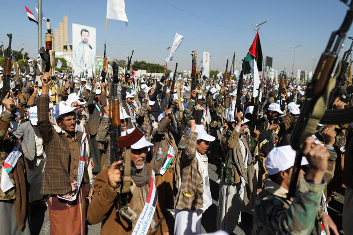 Newly recruited fighters who joined a Houthi military force intended to be sent to fight in support of the Palestinians in the Gaza Strip, march during a parade in Sanaa, Yemen