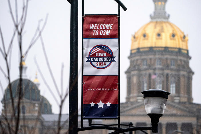 A caucus sign near the Iowa State Capitol in Des Moines, Iowa on Jan. 8.