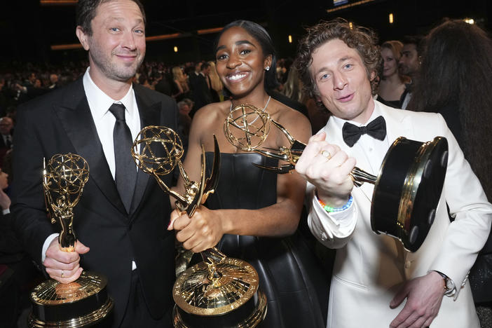 <em>The Bear</em> won the Emmy for Outstanding Comedy Series on Monday night. Ebon Moss-Bachrach, left, and Ayo Edebiri won Emmys for Outstanding Supporting Actor and Outstanding Supporting Actress in a Comedy Series. And Jeremy Allen White won for Outstanding Lead Actor in a Comedy Series.